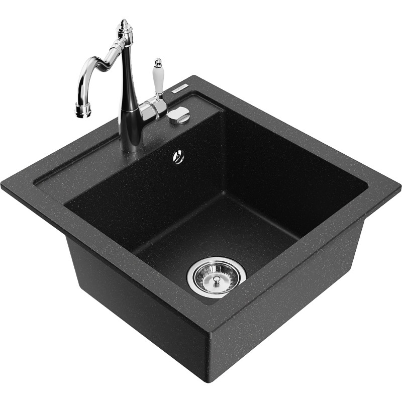 Mexen Vito single-bowl granite sink with Carla kitchen faucet, black/silver metallic - 6503-73-670700-00