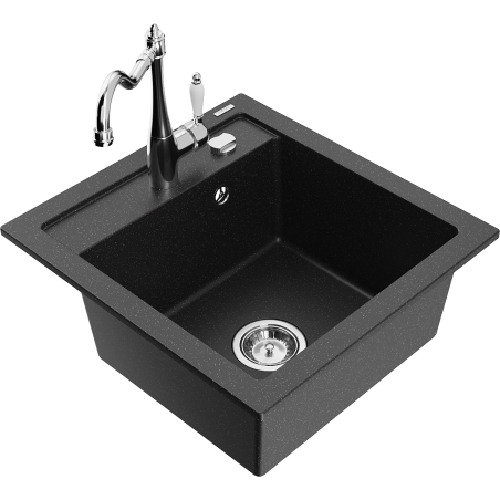 Mexen Vito 1-bowl granite sink with Carla kitchen tap, black/silver metallic - 6503-73-670700-00