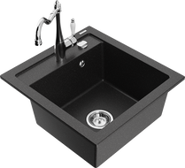 Mexen Vito 1-bowl granite sink with Carla kitchen tap, black/silver metallic - 6503-73-670700-00
