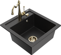 Mexen Vito granite sink 1-bowl with Carla kitchen tap, black/silver metallic - 6503-73-670700-50