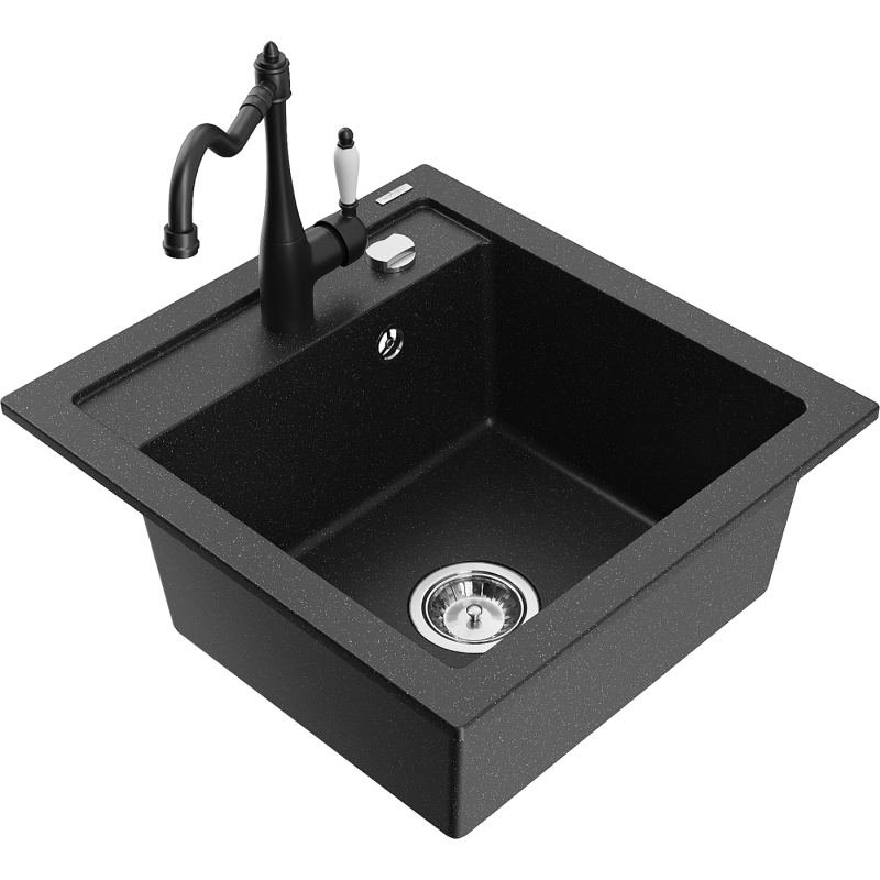 Mexen Vito granite kitchen sink 1-bowl with Carla kitchen faucet, black/silver metallic - 6503-73-670700-70