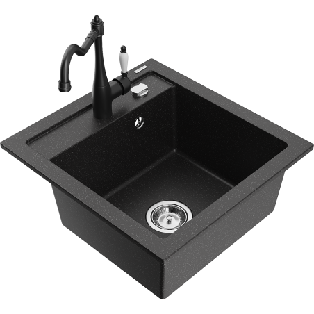 Mexen Vito 1-bowl granite sink with Carla kitchen tap, black/silver metallic - 6503-73-670700-70