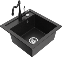 Mexen Vito granite kitchen sink 1-bowl with Carla kitchen faucet, black/silver metallic - 6503-73-670700-70