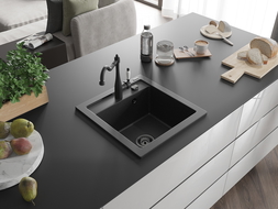 Mexen Vito 1-bowl granite kitchen sink with Carla tap, black/silver metallic - 6503-73-670700-70-B