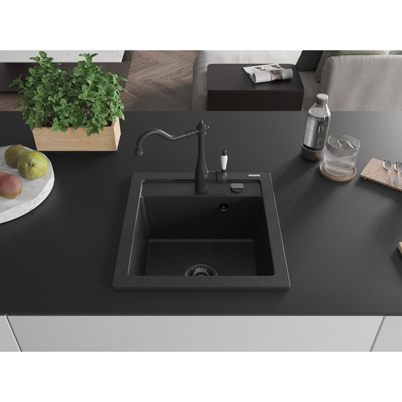 Mexen Vito granite kitchen sink single-bowl with Carla kitchen faucet, black/silver metallic - 6503-73-670700-70-B