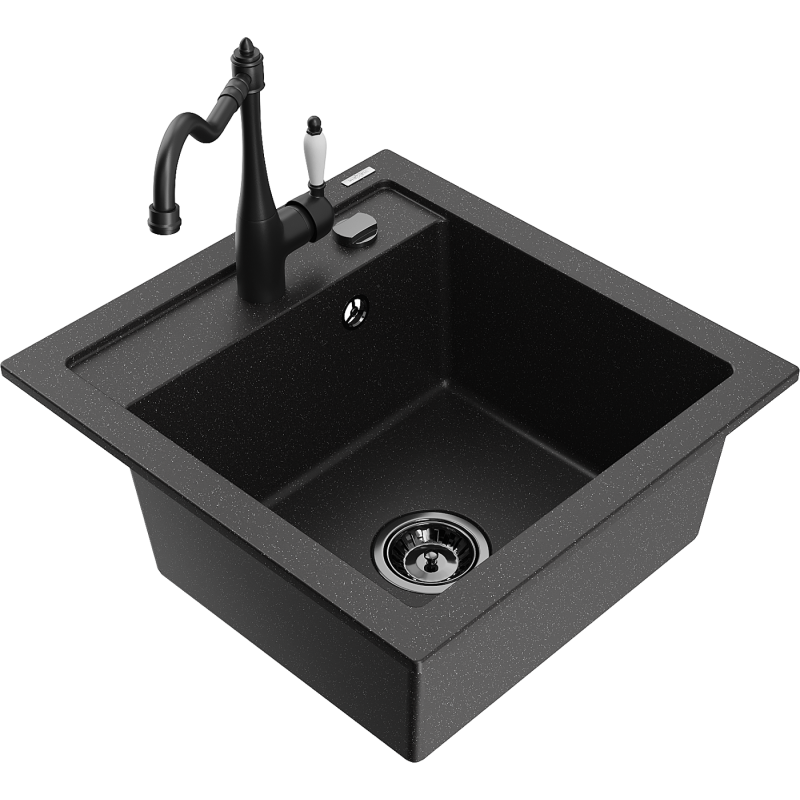 Mexen Vito 1-bowl granite kitchen sink with Carla tap, black/silver metallic - 6503-73-670700-70-B