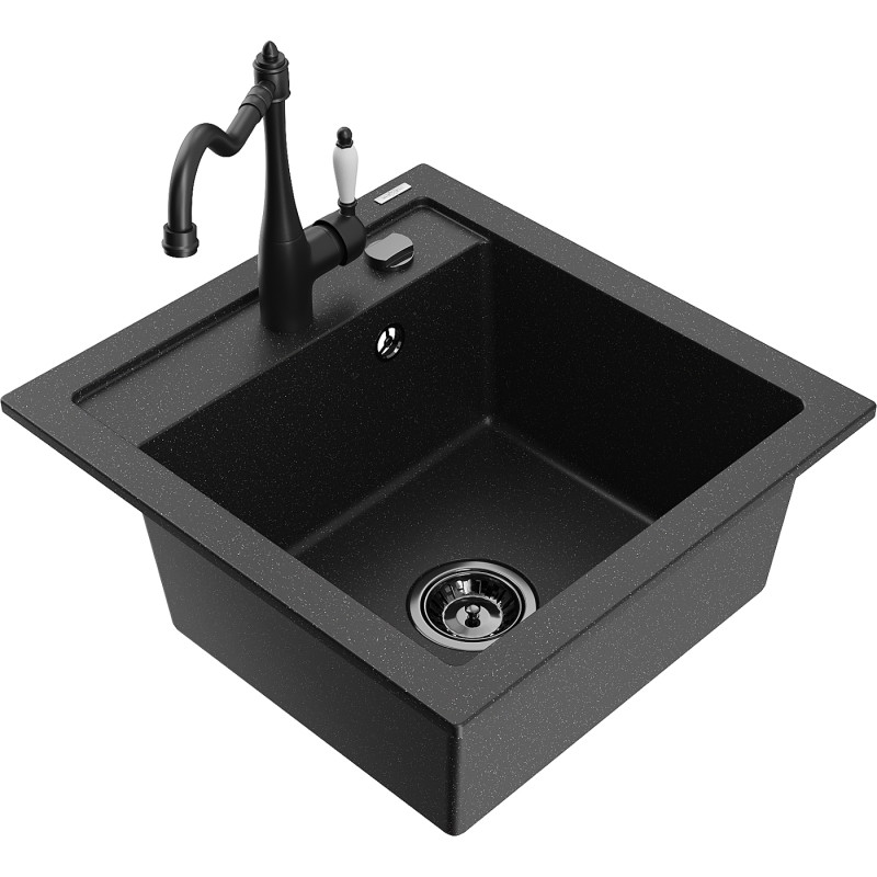 Mexen Vito 1-bowl granite sink with Carla kitchen faucet, black/silver metallic - 6503-73-670700-70-B