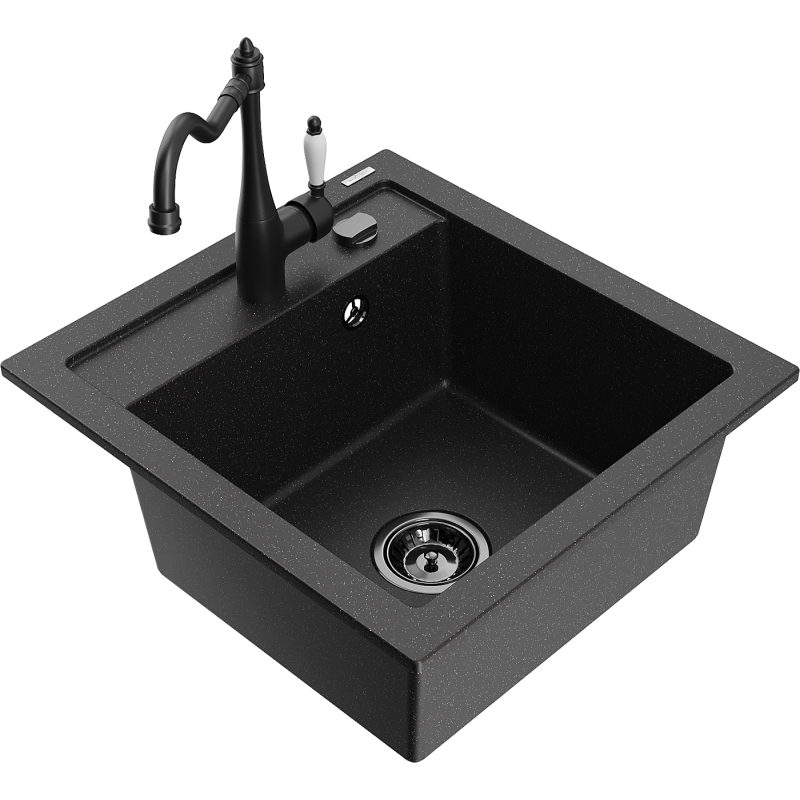Mexen Vito granite kitchen sink single-bowl with Carla kitchen faucet, black/silver metallic - 6503-73-670700-70-B