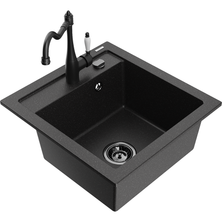 Mexen Vito 1-bowl granite kitchen sink with Carla tap, black/silver metallic - 6503-73-670700-70-B