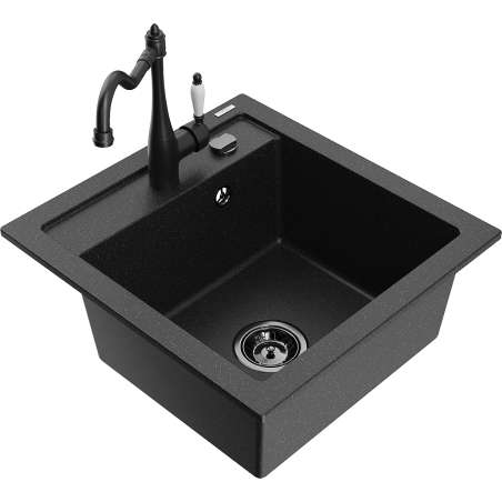 Mexen Vito granite kitchen sink single-bowl with Carla kitchen faucet, black/silver metallic - 6503-73-670700-70-B