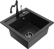 Mexen Vito 1-bowl granite sink with Carla kitchen faucet, black/silver metallic - 6503-73-670700-70-B