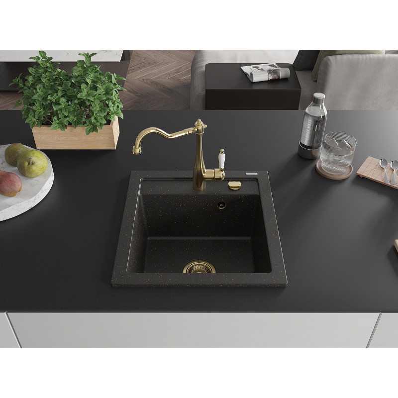 Mexen Vito granite sink 1-bowl with Carla kitchen faucet, black/gold metallic - 6503-75-670700-50