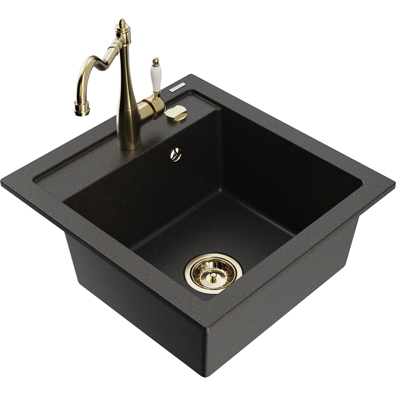 Mexen Vito 1-bowl granite sink with Carla kitchen tap, black/golden metallic - 6503-75-670700-50