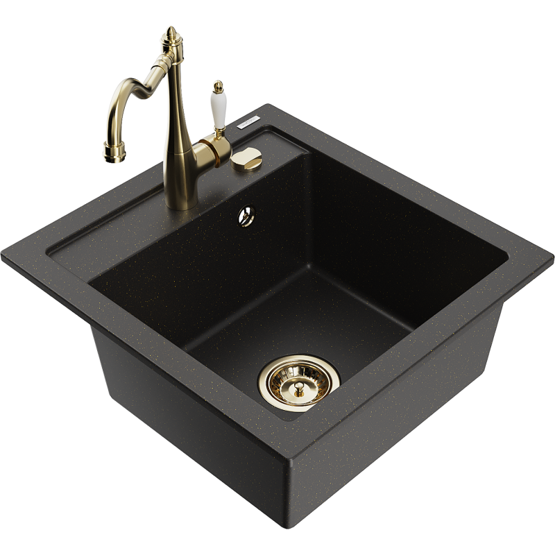 Mexen Vito granite kitchen sink single-bowl with Carla kitchen faucet, black/gold metallic - 6503-75-670700-50