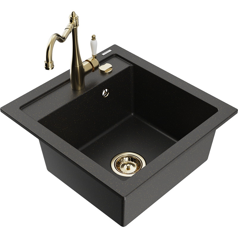 Mexen Vito granite sink 1-bowl with Carla kitchen faucet, black/gold metallic - 6503-75-670700-50