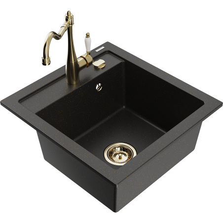 Mexen Vito 1-bowl granite sink with Carla kitchen tap, black/golden metallic - 6503-75-670700-50