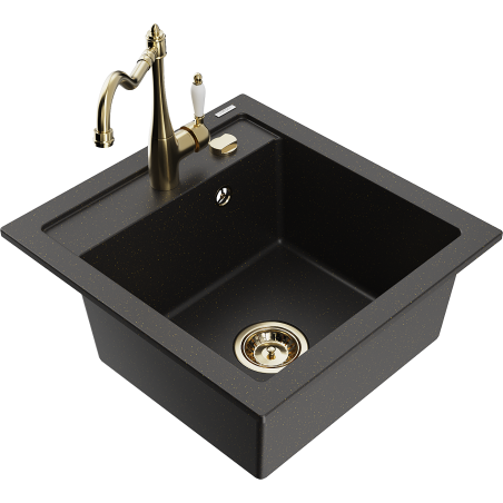 Mexen Vito granite kitchen sink single-bowl with Carla kitchen faucet, black/gold metallic - 6503-75-670700-50