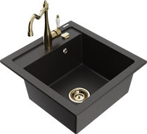 Mexen Vito granite sink 1-bowl with Carla kitchen faucet, black/gold metallic - 6503-75-670700-50