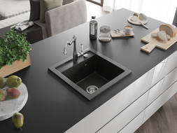 Mexen Vito granite sink single-bowl with Carla kitchen faucet, black/gold metallic - 6503-75-670700-00