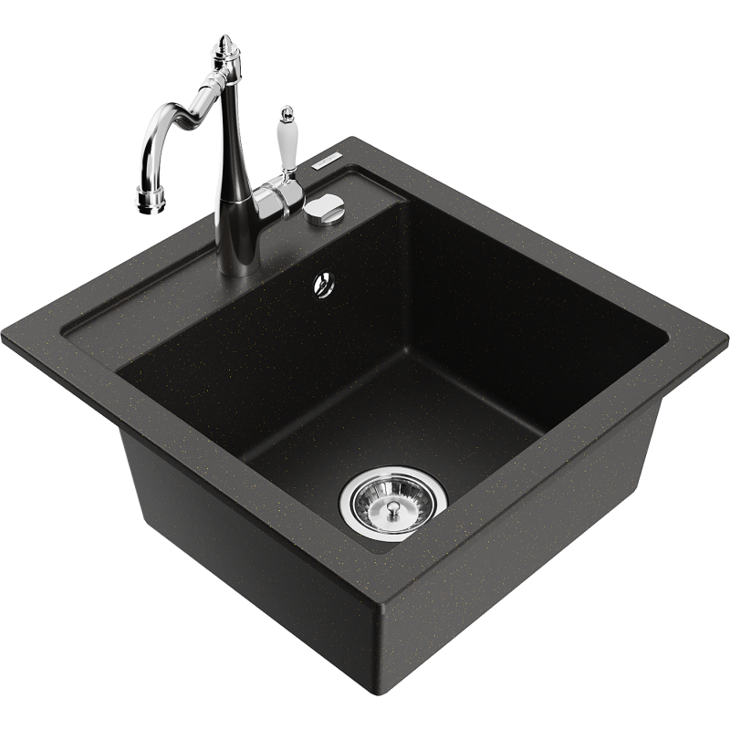 Mexen Vito 1-bowl granite kitchen sink with Carla kitchen tap, black/gold metallic - 6503-75-670700-00