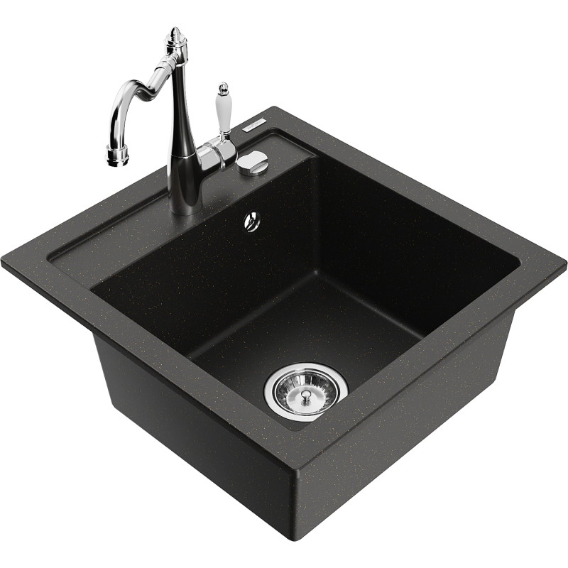 Mexen Vito granite sink single-bowl with Carla kitchen faucet, black/gold metallic - 6503-75-670700-00