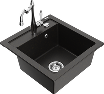 Mexen Vito granite sink single-bowl with Carla kitchen faucet, black/gold metallic - 6503-75-670700-00