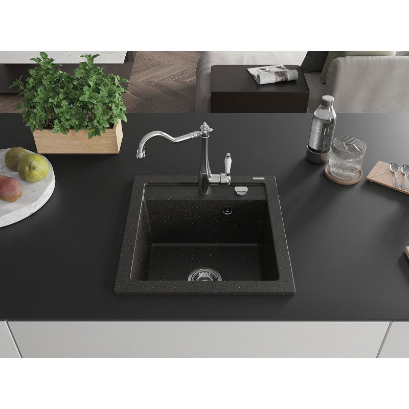 Mexen Vito 1-bowl granite kitchen sink with Carla kitchen tap, black/gold metallic - 6503-75-670700-00
