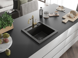 Mexen Vito granite 1-bowl sink with Carla kitchen faucet, black/gold metallic - 6503-75-670700-50-B