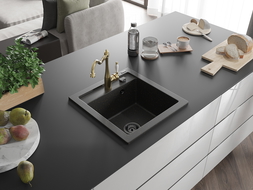 Mexen Vito granite sink 1-bowl with Carla kitchen tap, black/gold metallic - 6503-75-670700-50-B