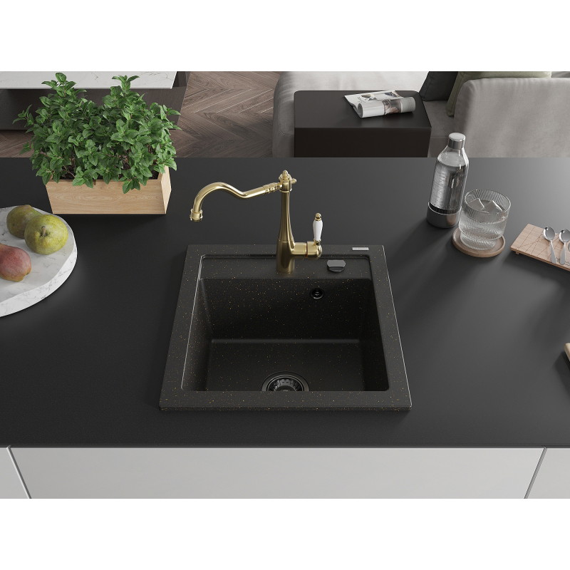 Mexen Vito granite 1-bowl sink with Carla kitchen faucet, black/gold metallic - 6503-75-670700-50-B