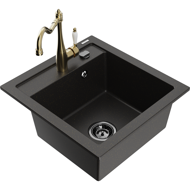 Mexen Vito 1-compartment granite sink with a kitchen mixer tap Carla, Black/Gold metallic - 6503-75-670700-50-B