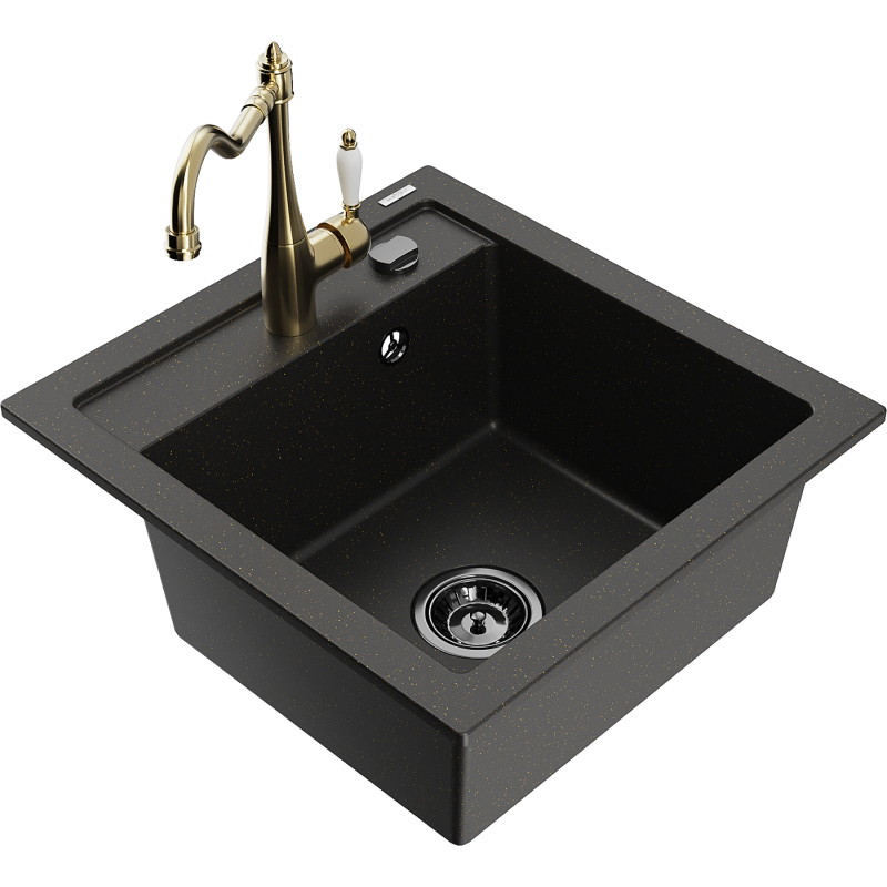 Mexen Vito granite 1-bowl sink with Carla kitchen faucet, black/gold metallic - 6503-75-670700-50-B