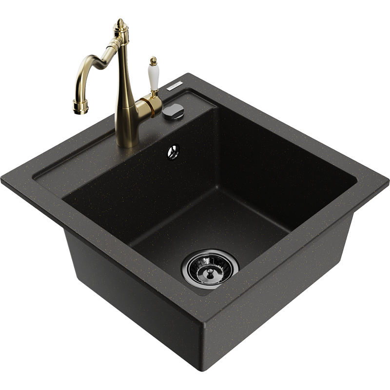 Mexen Vito granite sink 1-bowl with Carla kitchen tap, black/gold metallic - 6503-75-670700-50-B