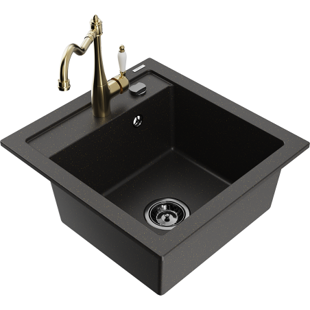 Mexen Vito 1-bowl granite sink with Carla kitchen faucet, black/gold metallic - 6503-75-670700-50-B