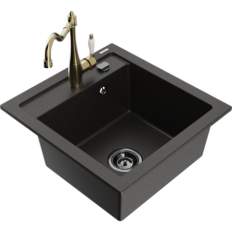 Mexen Vito granite sink 1-bowl with Carla kitchen tap, black/gold metallic - 6503-75-670700-50-B