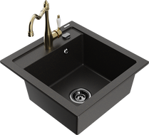 Mexen Vito granite sink 1-bowl with Carla kitchen tap, black/gold metallic - 6503-75-670700-50-B