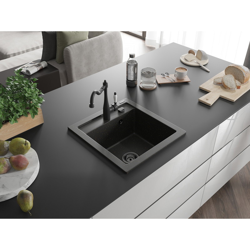 Mexen Vito granite single-bowl kitchen sink with Carla faucet, black/gold metallic - 6503-75-670700-70-B