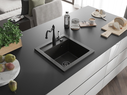 Mexen Vito 1-compartment granite sink with a kitchen mixer tap Carla, Black/Gold metallic - 6503-75-670700-70-B