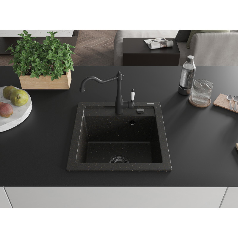 Mexen Vito granite single-bowl kitchen sink with Carla faucet, black/gold metallic - 6503-75-670700-70-B