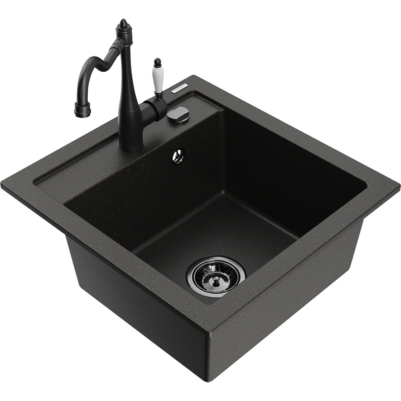 Mexen Vito granite kitchen sink with 1 bowl with Carla kitchen faucet, black/gold metallic - 6503-75-670700-70-B