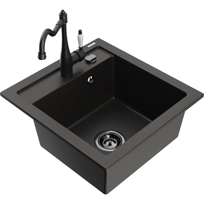 Mexen Vito granite single-bowl kitchen sink with Carla faucet, black/gold metallic - 6503-75-670700-70-B