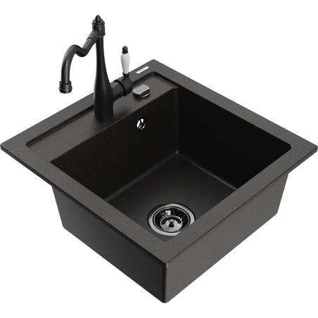 Mexen Vito granite single-bowl kitchen sink with Carla faucet, black/gold metallic - 6503-75-670700-70-B