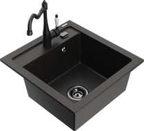 Mexen Vito granite kitchen sink 1-bowl with Carla kitchen tap, black/gold metallic - 6503-75-670700-70-B