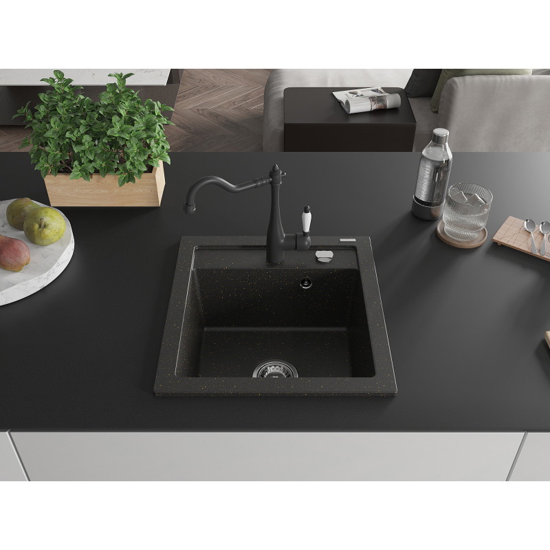 Mexen Vito 1-bowl granite sink with Carla kitchen faucet, black/gold metallic - 6503-75-670700-70