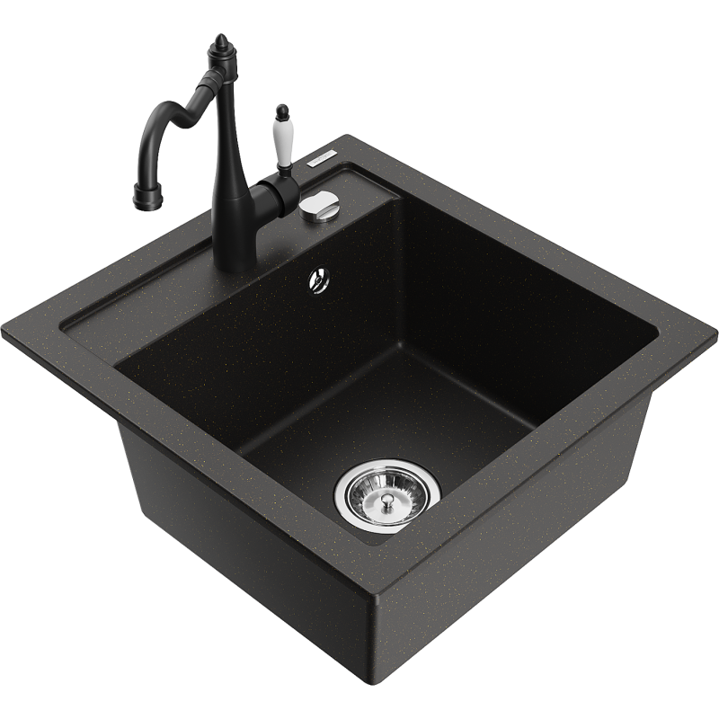 Mexen Vito 1-bowl granite sink with Carla kitchen tap, black/gold metallic - 6503-75-670700-70