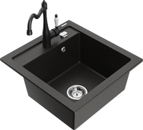 Mexen Vito 1-compartment granite sink with a kitchen mixer tap Carla, Black/Gold metallic - 6503-75-670700-70