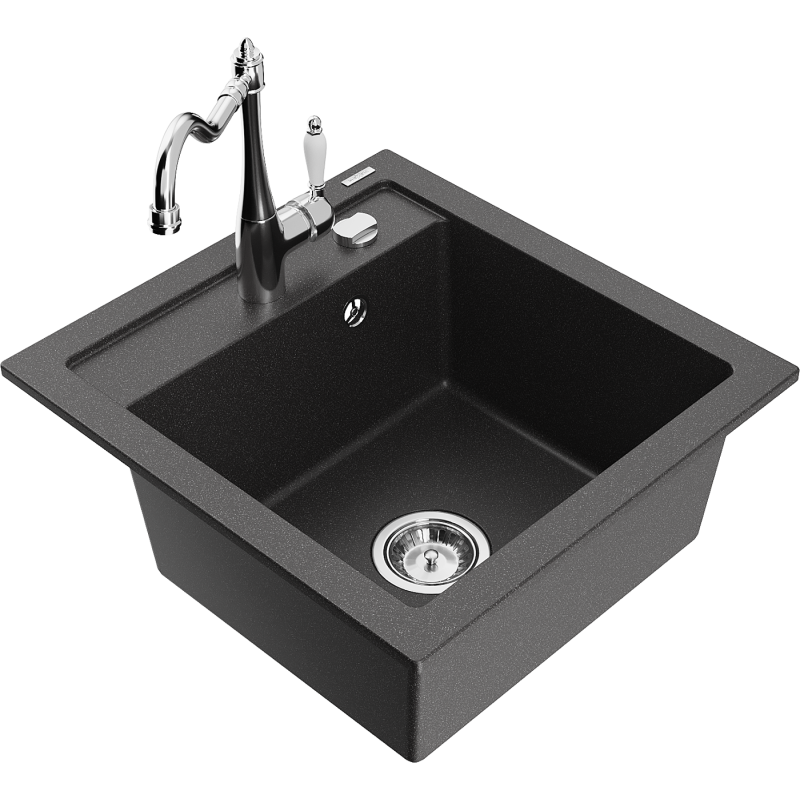 Mexen Vito granite kitchen sink 1-bowl with kitchen faucet Carla, black speckled - 6503-76-670700-00