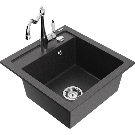 Mexen Vito granite kitchen sink 1-bowl with kitchen faucet Carla, black speckled - 6503-76-670700-00