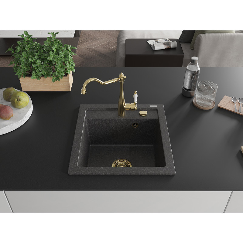 Mexen Vito granite sink 1-bowl with kitchen faucet Carla, black speckled - 6503-76-670700-50