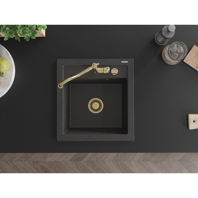 Mexen Vito granite sink 1-bowl with kitchen faucet Carla, black speckled - 6503-76-670700-50